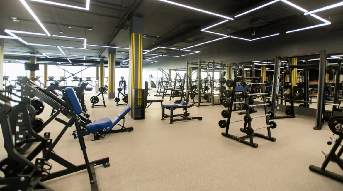 A typical local sized franchise open plan gym floor with various equipment
