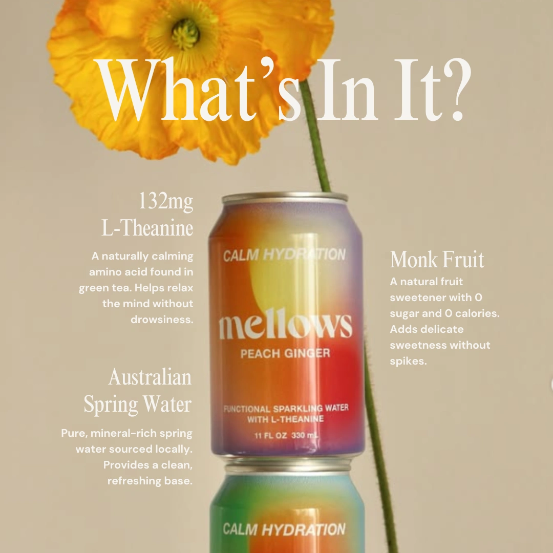 Mellows Peach & Ginger Functional Sparkling Water 330ml - 24 Pack (6x4) - Image 3