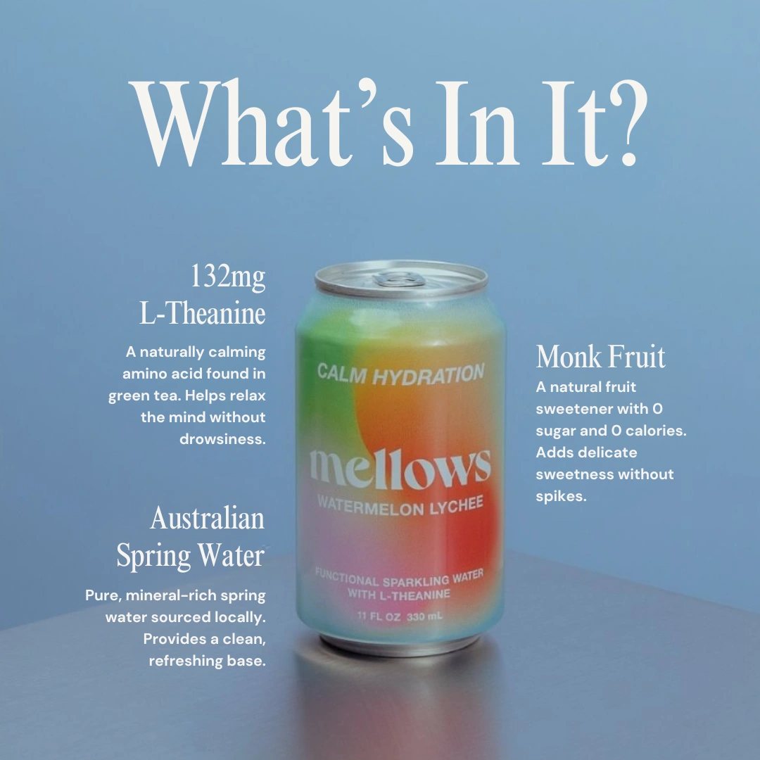 Mellows Watermelon & Lychee Functional Sparkling Water 330ml - 24 Pack (6x4) - Image 3