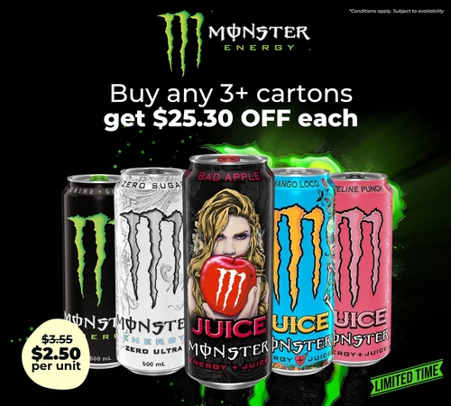 Monster Energy - buy any 3 or more cartons, get $25.30 off each
