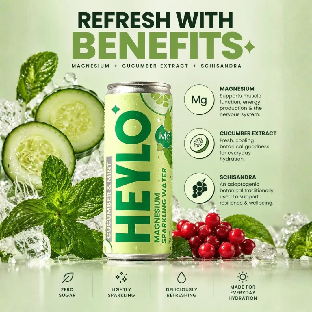 Heylo Detox Cucumber & Mint Magnesium Sparkling Water 300ml – 24 Pack - Image 5
